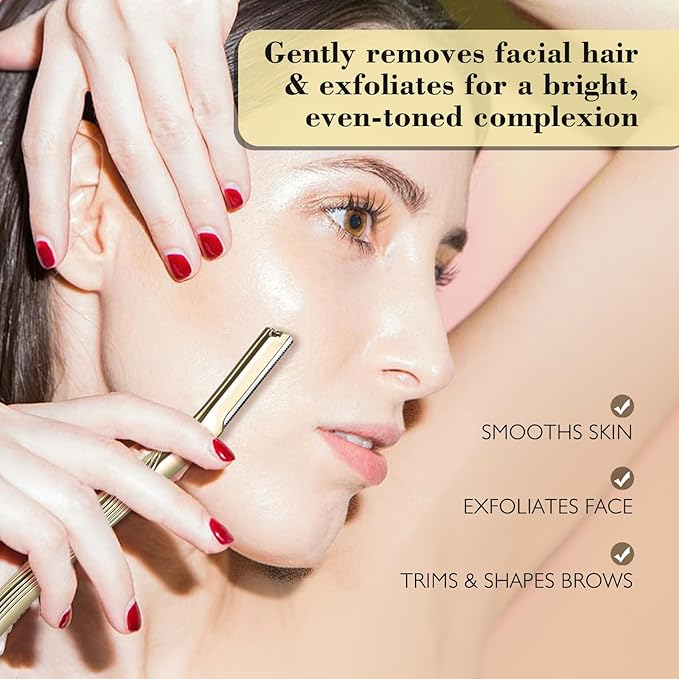 Eyebrow Razor, Face Razors for Women and Men, Reusable Metal Handle with 6 Refill Blades, Eyebrow Trimmer with Precision Cover, Dermaplane Razor, Skin Care Tool - Gold