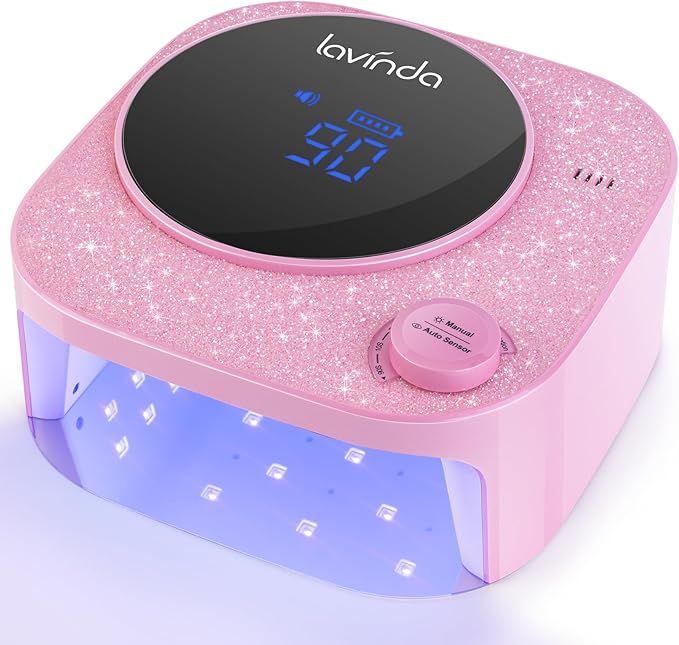 Lavinda 54W UV LED Nail Lamp, Professional UV Light for Gel Nails Rechargeable Cordless Nail Dryer with 4 Timer Settings & Auto Sensor, Fast Curing Gel Light for Home and Salon Use Diamond Dust Design