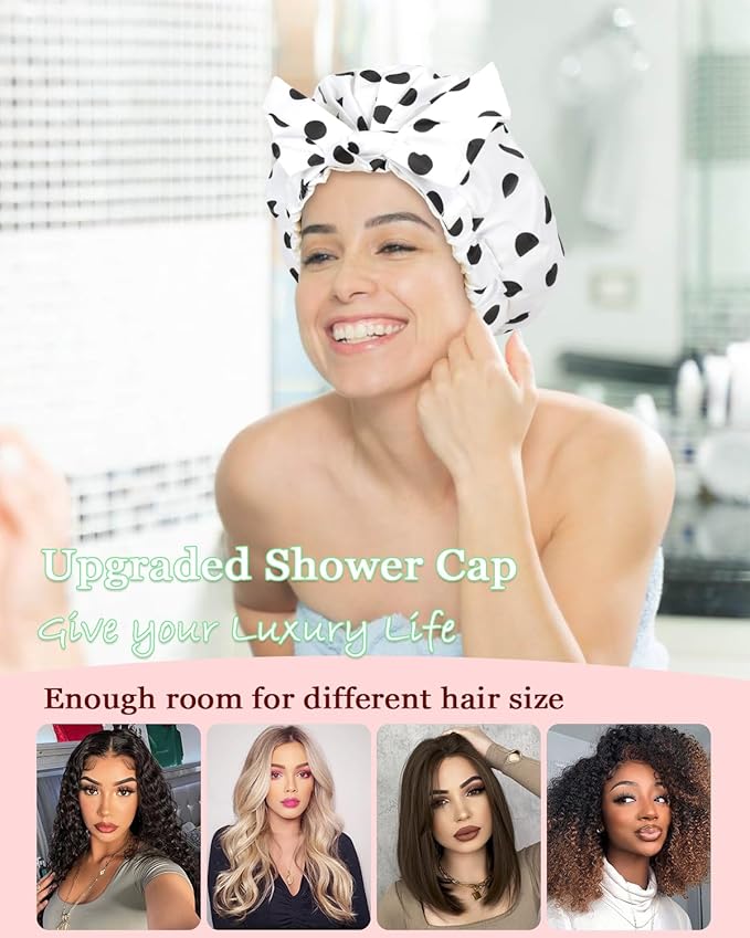 Shower Cap Luxury Shower Caps for Women Reusable Waterproof Large Hair Cap for Shower Non-slip with Adjustable Bowknot Quick-dry Hair Bath Cap for men