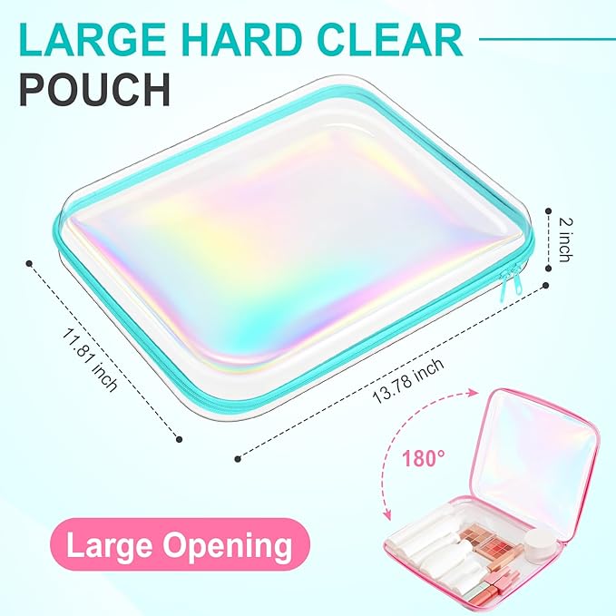 Sanwuta 6 Pcs Clear Hard Zipper Case Pencil Pouches Hard Plastic Zipper Pouches Makeup Bag Transparent Cases for Snacks Plastic Storage Organizer Box for Travel(Holographic,13.78 x 11.81 x 2 Inch)