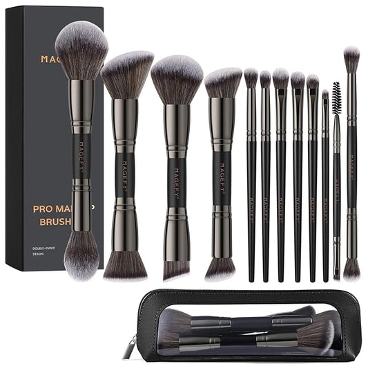 MAGEFY Makeup Brushes 12Pcs with Bag, Double-End Multi-functional for Foundation Powder Blush Eyeliner Eyeshadows brushes with Gift Box,Black