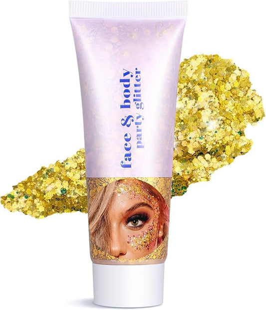 Body Glitter Gel - Sparkly Chunky Glitter Hair for Kids Women, Iridescent Glitter Freckles, Halloween Christmas Singer Concert Festival Rave Accessories (Gold Body Glitter)