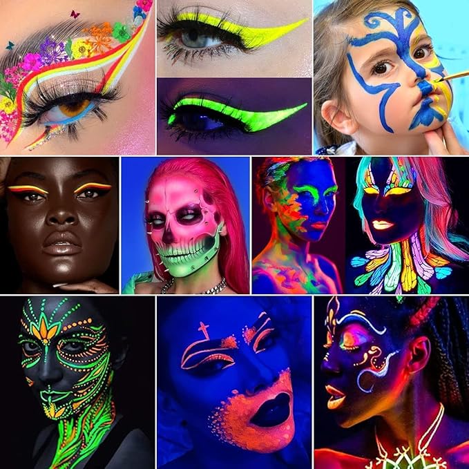 Go Ho UV Blacklight Neon Hot Pink Face Body Paint,Water Based Bright Color Neon Fluorescent Body Paint with Cushion Applicator,Glow In The Dark Under UV Lighting Party Halloween Makeup Washable