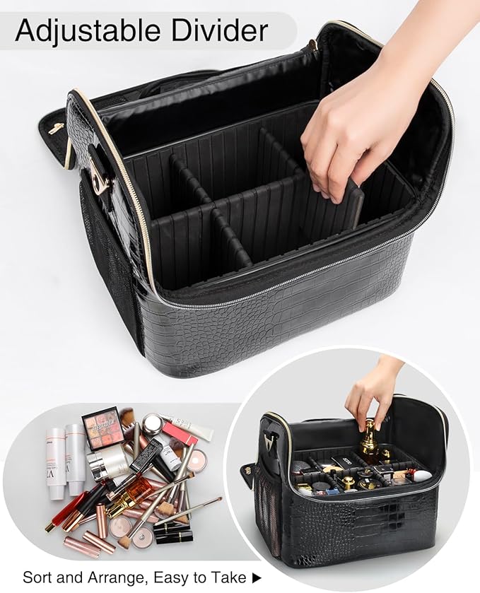 Travel Makeup Case with 4 Small Bag, Professional Makeup Artist Bag Tattoo Case Makeup Organizer Box with Adjustable Dividers and Shoulder Strap (Medium, Black)