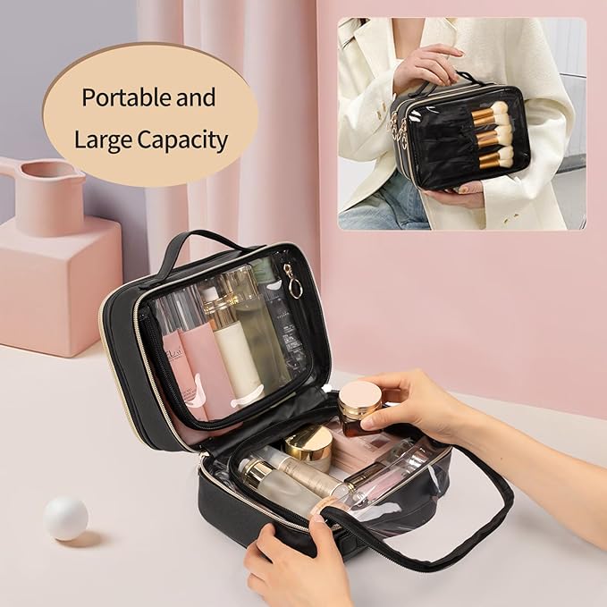 OCHEAL Clear Makeup Bag, Double Layer Cosmetic Bag, Large Capacity Minimalist Cosmetic Case for Women Travel Beauty Essentials, Multiple Compartments Makeup Case Organizer Zipper Pouch -Clear