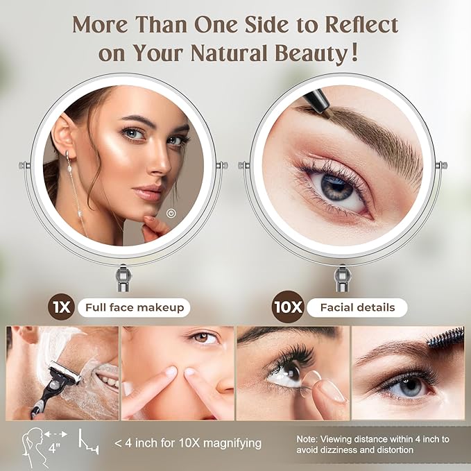 9" Wall Mounted Makeup Lighted Mirror, 4000mAh Rechargeable Double Sided LED Vanity Mirror with Height Adjustable&1X/10X Magnification, 3 Color Lights Touch Screen Dimmable 360°Swivel Bathroom Mirror