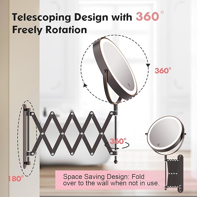 Rechargeable Wall Mounted Makeup Mirror - 8 Inch Double Sided 1X/10X Magnifying Mirror with 3 Color Lights Dimmable Touch Screen, 360°Swivel 19.6 Inch Extendable Accordion Bathroom Mirror