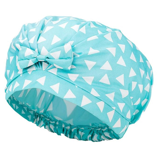 Auban Extra Large Shower Cap, Bowknot Double Layer Reusable Bath Hair Caps With Silky Satin for Women Beauty Bathing, Hair Spa, Home Hotel Travel Use (Blue Triangle)
