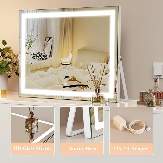 Vanity Mirror with Lights, 15"× 11" LED Makeup Mirror, Lighted Makeup Mirror with Lights, Smart Touch Control Dimmable 3 Modes Light 360°Rotation Gold