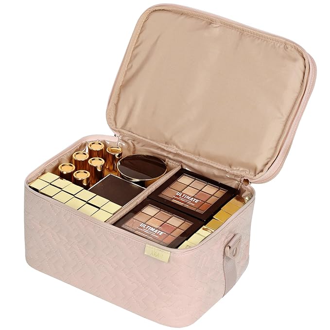 NISHEL Extra Large Double Layer Travel Makeup Bag Women, Cosmetic Organizer Case, Essentials Accessories with Shoulder Strap for Bottles, Brushes, Conditioner, Skin Care Products, Pink