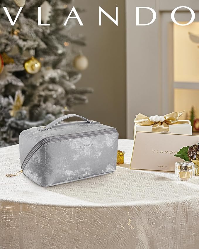 Vlando Makeup Bag,Large Capacity Toiletry Bag for Women Waterproof Portable Make up Pouch PU Leather Open Flat Cosmetic Bag(Silver)