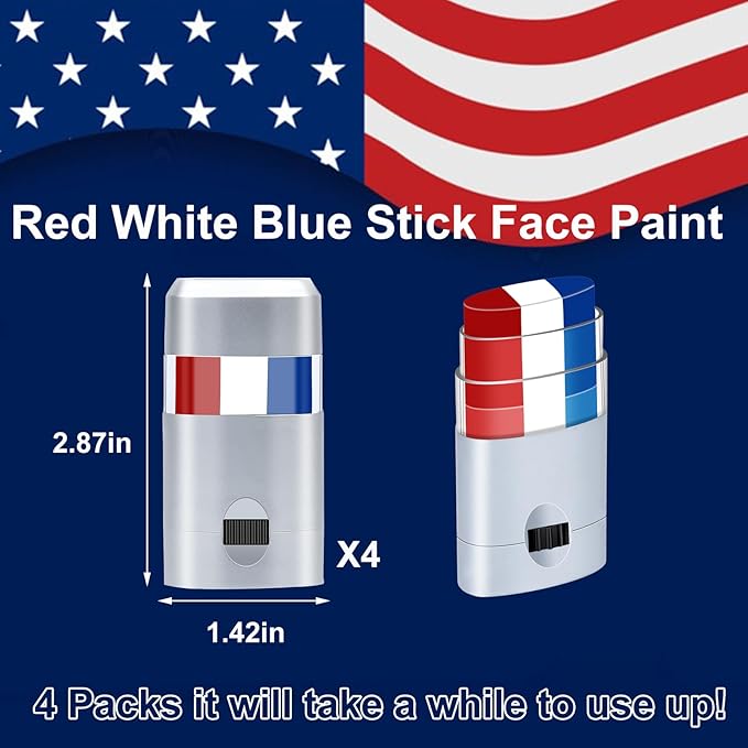 4pcs Red White and Blue Face Paint Stick, Long Lasting Patriotic Body Painting Baseball Eye Black America USA Flag Makeup Stick 4th of July Accessories for Kids Women Men Sports Party Independence Day