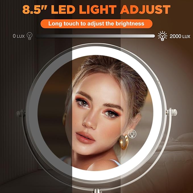 15x Wall Mounted Makeup Mirror, 8" Rechargeable Double-Sided Magnifying Mirror, 3 Color Lights for Makeup,365°Swivel for Shaving - Nickel