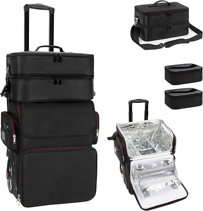 Large Makeup Train Case with a Large Makeup Travel Case for Hairstylist, Hairdresser Bag with Detachable Pouch,Heat Insulation and Anti-scalding for Hairdressing Tool Organizer 2 in 1, Big wheels