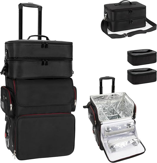 Large Makeup Train Case with a Large Makeup Travel Case for Hairstylist, Hairdresser Bag with Detachable Pouch,Heat Insulation and Anti-scalding for Hairdressing Tool Organizer 2 in 1, Big wheels
