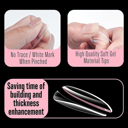 NOVO OVO Long Oval Nail Tips NATURAL (Not SCULPTED) for Flat Nail Beds, Extra Thick L Length False Nails Press on, Full Cover Soft Gel Fake Nail Extension, Salon DIY x 15 Sizes 450 pcs