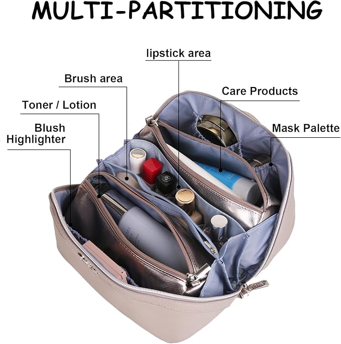 BOYATU Travel Makeup Bags for Women: Vegan Leather Cosmetic Bag Set of 3 - Large Capacity Make up Bag with Divider - Wide Open Waterproof Toiletry Organizer Bag with Handle (05-Gray)