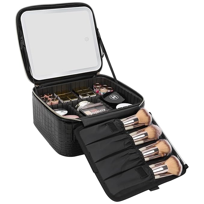 Relavel Makeup Train Case With LED Mirror, Professional Travel Cosmetic Bag with Removable Partitions,Compact Makeup Organizer, Waterproof Toiletry Case for Women, Black