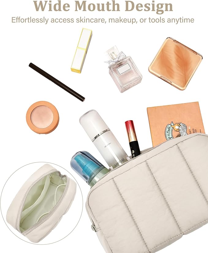 oscaurt 2 Pcs Makeup Bag Travel Toiletry Bag for Women Puffy Padded Cosmetic Pouch Purse Wide-open Makeup Organizer Case Travel Essentials