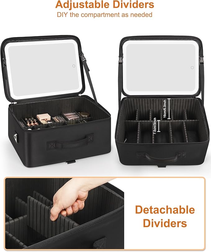 Relavel Extra Large Makeup Bag with LED Mirror, Cosmetic Train Case for Makeup Artists with 4 Removable Pouches and Adjustable Dividers, Hair Supplies Organizer, Travel Portable Mirror with Lights
