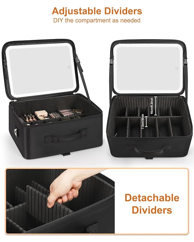 Relavel Extra Large Makeup Case with LED Mirror, Train Cosmetic Case with 4 Small Make Up Bag for Trip, Professional Makeup Organizer Storage with Detachable Dividers for Makeup Artists, Hairstylist