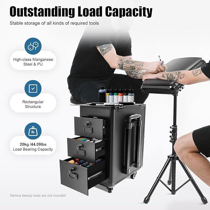 Tattoo Trolley Case, Tattoo Artist Outing Tools Work Station with 3 Drawers & 3-Digit Lock & Armrest Stand, Potable Rolling Makeup Case, Professional Traveling Manicure Table Cosmetic Train Case