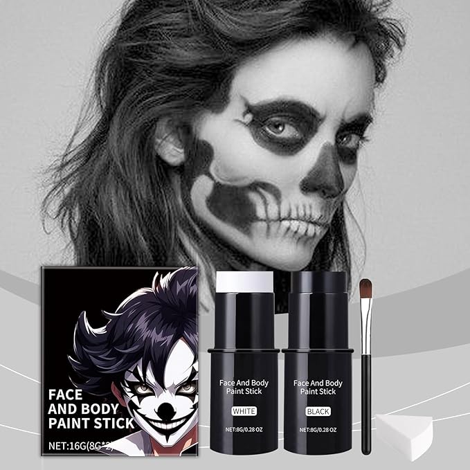 Halloween Face Body Paint For Adults, Black White Face Body Paint Stick Kit For Sfx Makeup Cosplay Joker, Skeleton Makeup