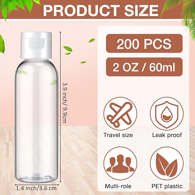 Zhehao 200 Pcs 2 oz Clear Plastic Empty Bottles Small Travel Size Bottles with Flip Cap Empty Transparent Dispenser Container for Liquids Toiletries Shampoo Lotion(White Cap)