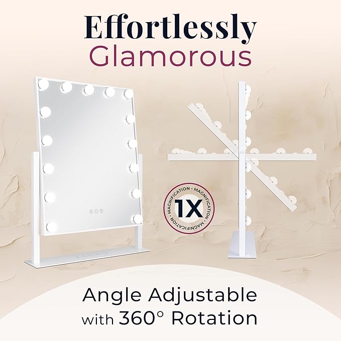 Zadro Hollywood Lighted Vanity Mirror with 15 LED Bulbs, 3 Color Light Settings, 360° Rotation Makeup Mirror Head (21" H x 18" W | 1X | Neutral)