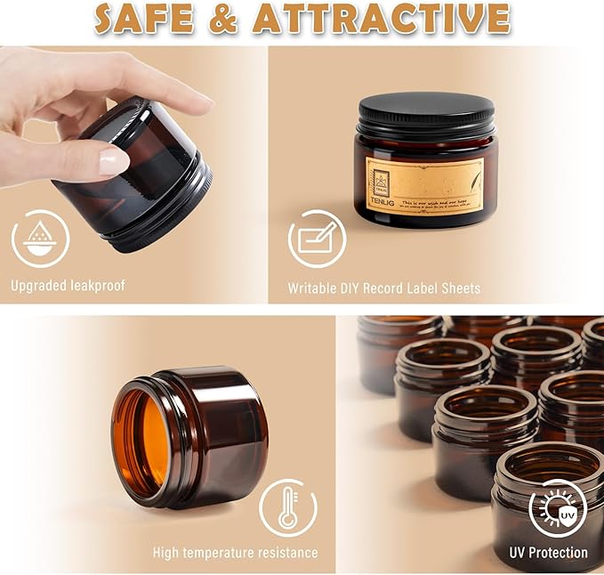 1.75 oz Glass Jars with Lids,Amber,12 Pack Empty Cosmetic Containers with Inner lids and Inner Liners,Black Metal Lids,Refillable Round Airtight Jars,Use to store Lotion,Powders,Candle Making