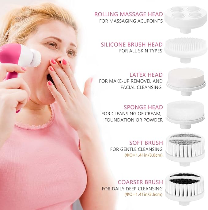 Facial Cleansing Brush Face Scrubber: CLSEVXY Electric Face Spin Cleanser Brushes with 6 Brush Heads for Deep Cleansing, Gentle Exfoliating, Removing Blackhead, Massaging