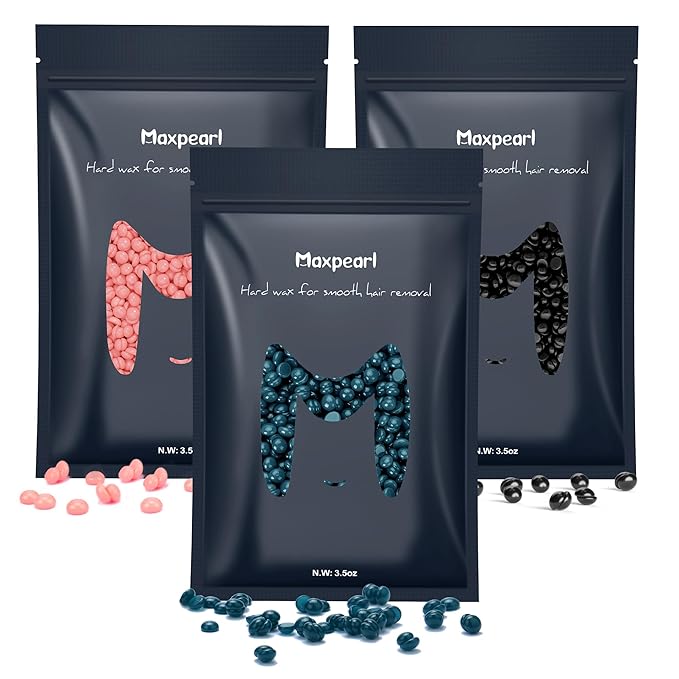 Maxpearl Hard Wax Beads, Pack of 3 Hair Removal Wax Beans Refill - Brazilian Waxing, Face, Eyebrows, Underarms, Bikini, Arms, Chest, Back, Legs, 10.5oz (Green/Pink/Black)