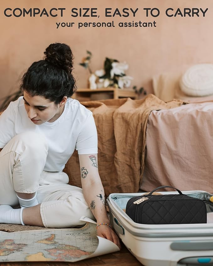 Relavel Makeup Bag, Small Makeup Bag for Women, Travel Cosmetic Bag, 2 Layers Waterproof Makeup Organizer Storage with Makeup Brush Holder, Black