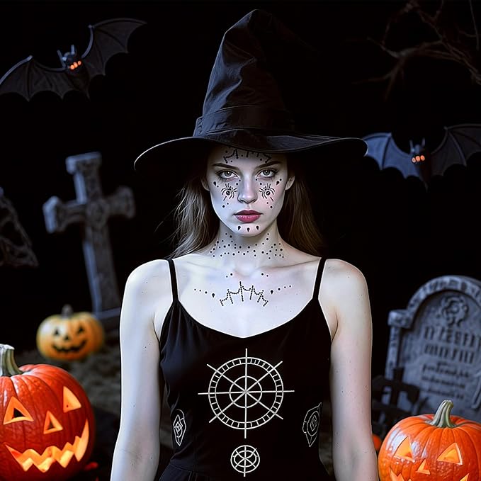 Face Jewels Stick on Face Costume Black Red Gems Self-Adhesive Makeup Halloween Dress Up Rhinestone Stickers for Festival Holiday Party Accessories (blackred_witch)