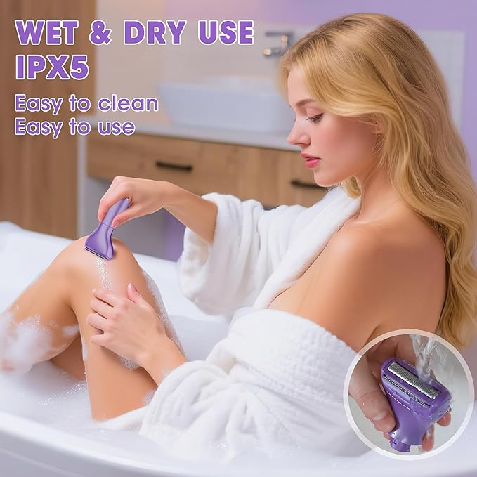 Karrte 6-in-1 Electric Razor for Women's Pubic Hair, Painless Body Shaver and Facial Epilator, Hair Removal for Face, Bikini Trimmer for Women's Private Area Purple