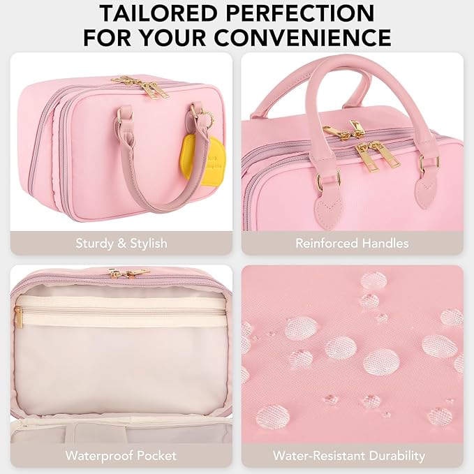 Travel Makeup Bag for Women Fashion Large Capacity Pouch Open Flat Cosmetic Portable Organizer Waterproof Large Opening Storage Toiletry Bags Vertical Free-Standing Brush Holder for Easy Access Pink