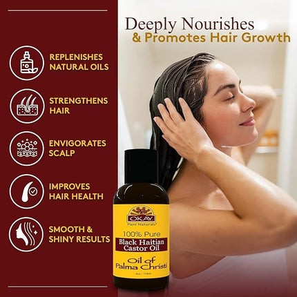 Okay Pure Naturals Black Haitian Castor Oil - Castor Oil for Hair Growth for Men & Women, Moisture for Skin, Scalp, Eyelashes, Eyebrows - 4 oz Glass Bottle (Pack of 2)