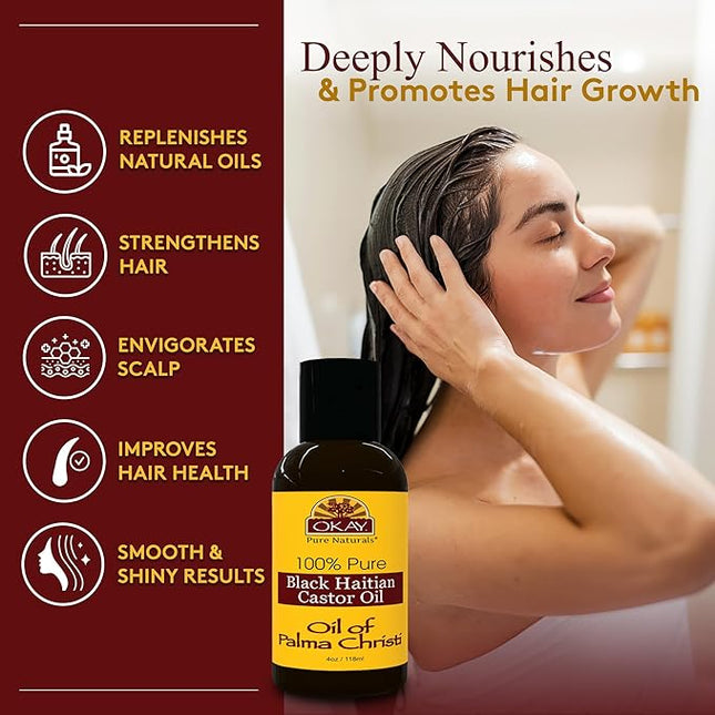 Okay Pure Naturals Black Haitian Castor Oil - Castor Oil for Hair Growth for Men & Women, Moisture for Skin, Scalp, Eyelashes, Eyebrows - 4 oz Glass Bottle (Pack of 2)