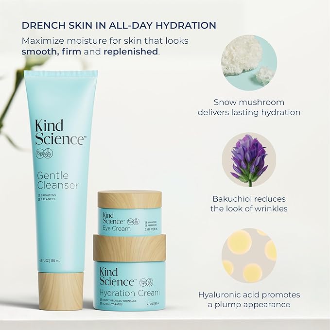 Kind Science 3-Piece Skin Care Set, Gentle Cleanser, Hydration Cream, Eye Cream - Essential Anti Aging Trio - Anti Aging Skin Care Set for Women - Paraben, Dye & Fragrance Free, Cruelty Free