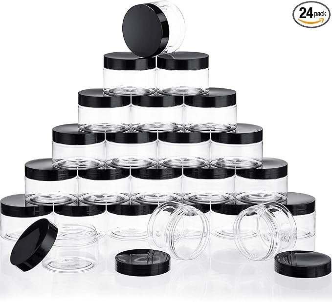 SATINIOR 24 Pieces Empty Clear Plastic Jars with Lids Round Storage Containers Wide-Mouth for Beauty Product Cosmetic Cream Lotion Liquid Butter Craft and Food (Black Lid, 5 oz)