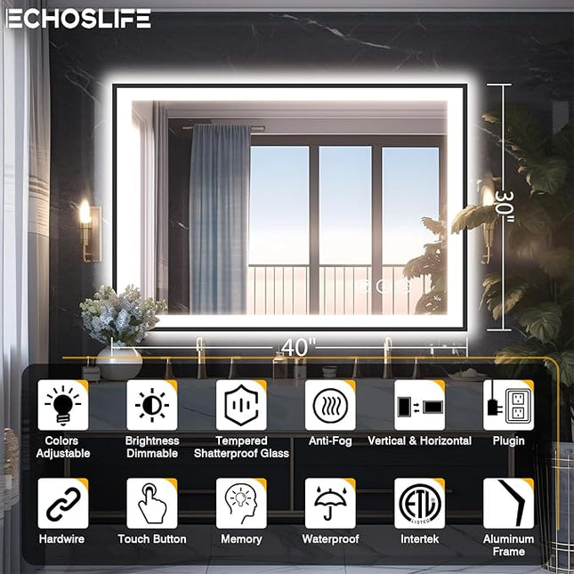 40x30 LED Lights Bathroom Mirror -Black Aluminum Rimmed(Front lit and Backlit),Anti-Fog Vanity Mirror with Lights,Stepless Dimmable Lighted Mirror,3 Colors Smart Mirror(Horizontal/Vertical)