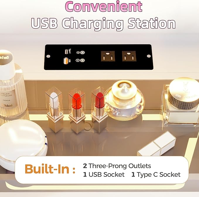 Makeup Vanity, 3-in-1 Vanity with Flip-Top Mirror, Visible Glass Desktop & 3-Color Lighting, 20'' Intelligent Makeup Desk with USB Charging Station & Hidden Storage Stool for Bedroom, White