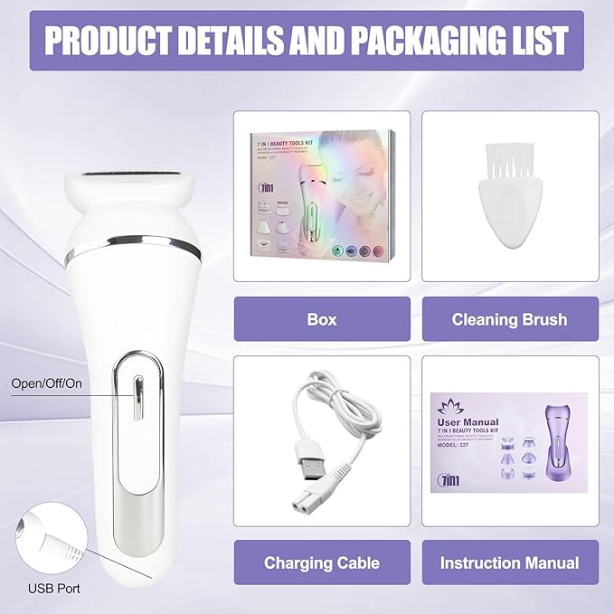 3.0 Women Face Epilator, 7-in-1 Rechargeable Facial Hair Remover with LED Battery Display, Facial Shaver for Face, Eyebrow, Nose Trimmer (White)