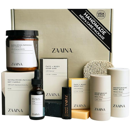 ZAAINA Men’s Self Care Kit – Luxury Spa Gift Set for Men with Face Serum, Soaps, Heel Balm & Lip Balm – Grooming Care Package for Men – Birthday & Relaxation Kit (Premium Set with Sandalwood Candle)