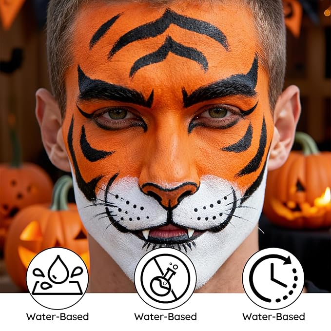 Black and Orange Face Paint - Water-Based Non-Toxic Face Body Paint Kit for Pumpkin Tiger Makeup, Cream Formula face painting for Halloween Cosplay SFX Makeup，Costume Parties