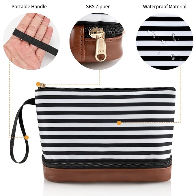 Ethereal Small Makeup Bag for Purse, Stripe Makeup Brush Organizer Bag Travel Make up Bags for Women Double Layer Makeup Pouch for Girls/Women