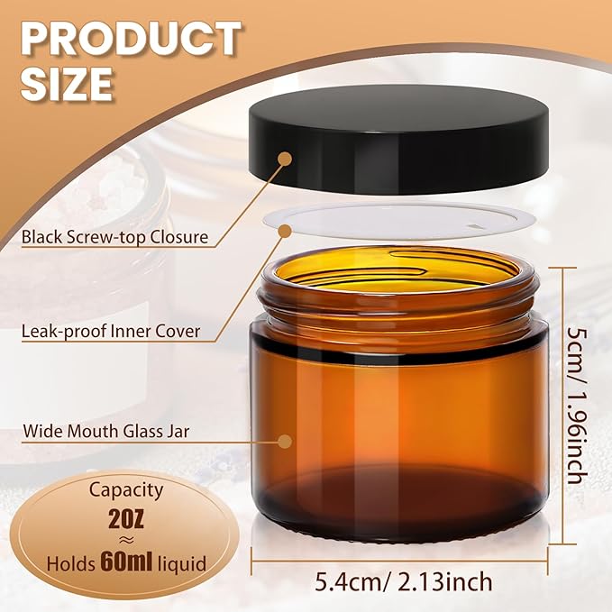 Amber 2oz Glass Jars with Lids - 24 Pack Leakproof Small Cosmetic Containers with Inner Liners, Wide-Round Smooth Mouth, Sealable for Creams, Lotions, Essential Oils, Body Butter, Travel Samples
