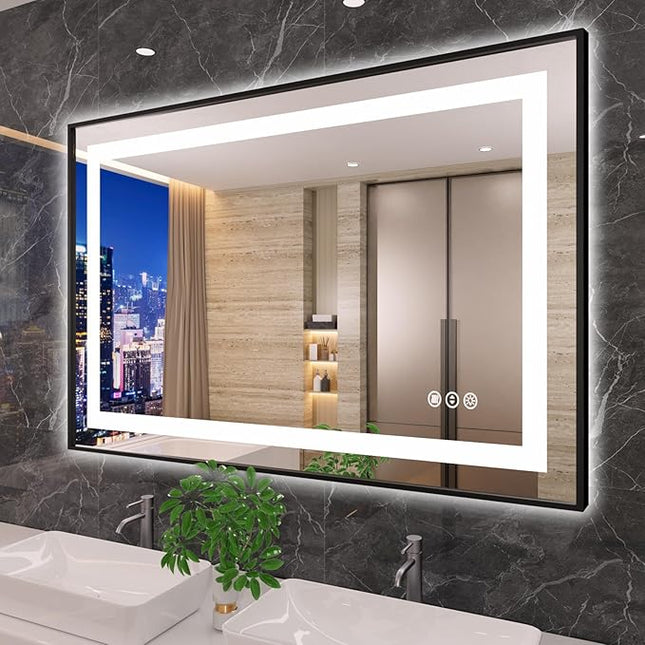 Amorho 48" X30" LED Mirror for Bathroom Black, Front Light and Backlit, Stepless Dimmable, Anti-Fog, Shatter-Proof, Memory, 3 Colors, Double LED Vanity Mirror