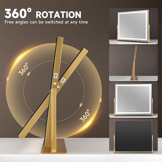 Hasipu Vanity Mirror with Lights, 25.6" x 21.3" LED Makeup Mirror, Light up Mirror with 10X Magnification, USB Charging Port, Smart Touch 3 Colors Dimmable, 360° Rotation (Gold)