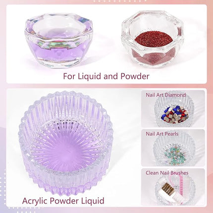 Acrylic Nail Brush Dappen Dish Set - 6Pcs Acrylic Nail Brush and 2Pcs Crystal Dappen Dish with Lid for Acrylics Nails, Monomer Dishs Nail Glass Cup Nail Art Brushs Set for Acrylics Nails Liquid Powder